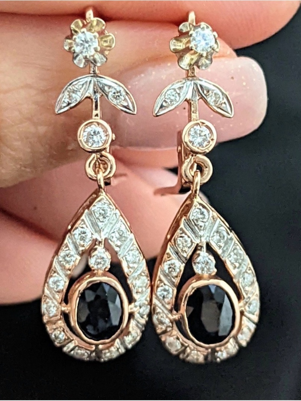 Sapphire and Diamond 14k Rose Gold Vintage Drop Earrings